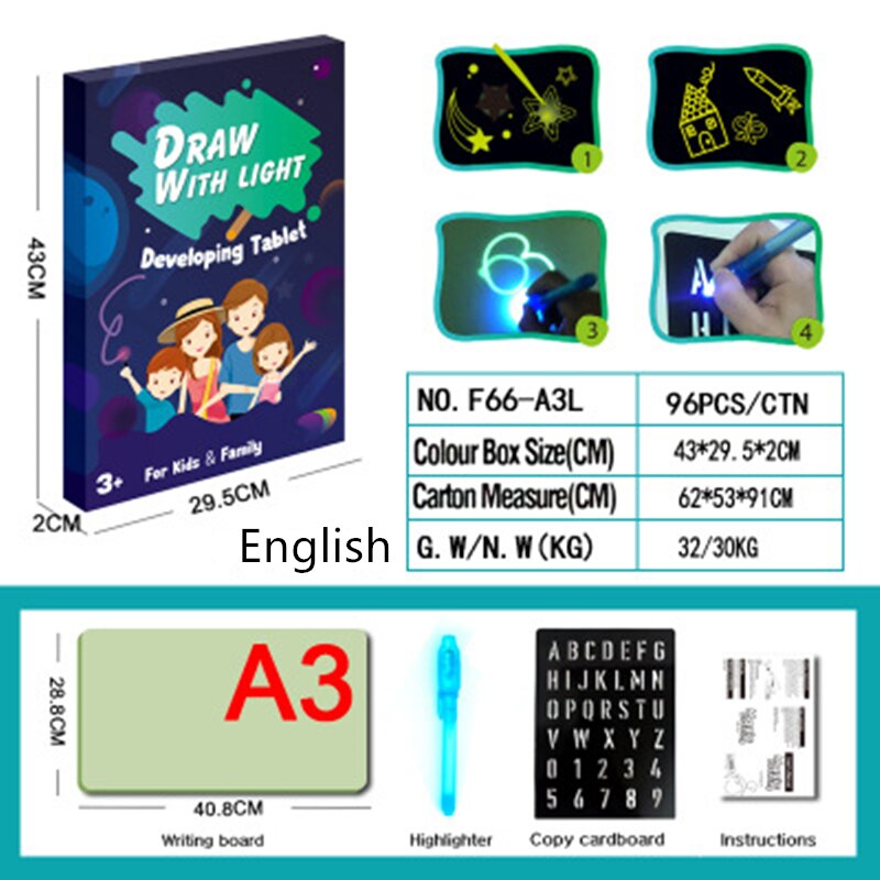 Magic Beam Tablet LED Luminous Drawing Board Graffiti Doodle Drawing Tablet Draw with Light-Fun Fluorescent Pen Educational Toy: Blue English A3