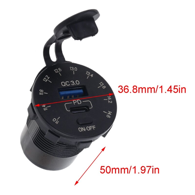 12V Quick Charge 3.0 USB SUV Car Charger Waterproof 18W Type C PD Outlet Fast Charger with LED Voltmeter ON OFF Power Switch