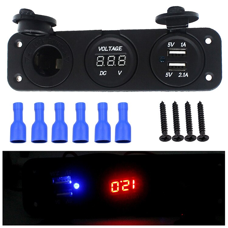 12V Universal 3 in 1 Cigarette Lighter Socket Dual USB Power Adapter Charger LED Digital Voltmeter for Car Auto Motorcycle Boat