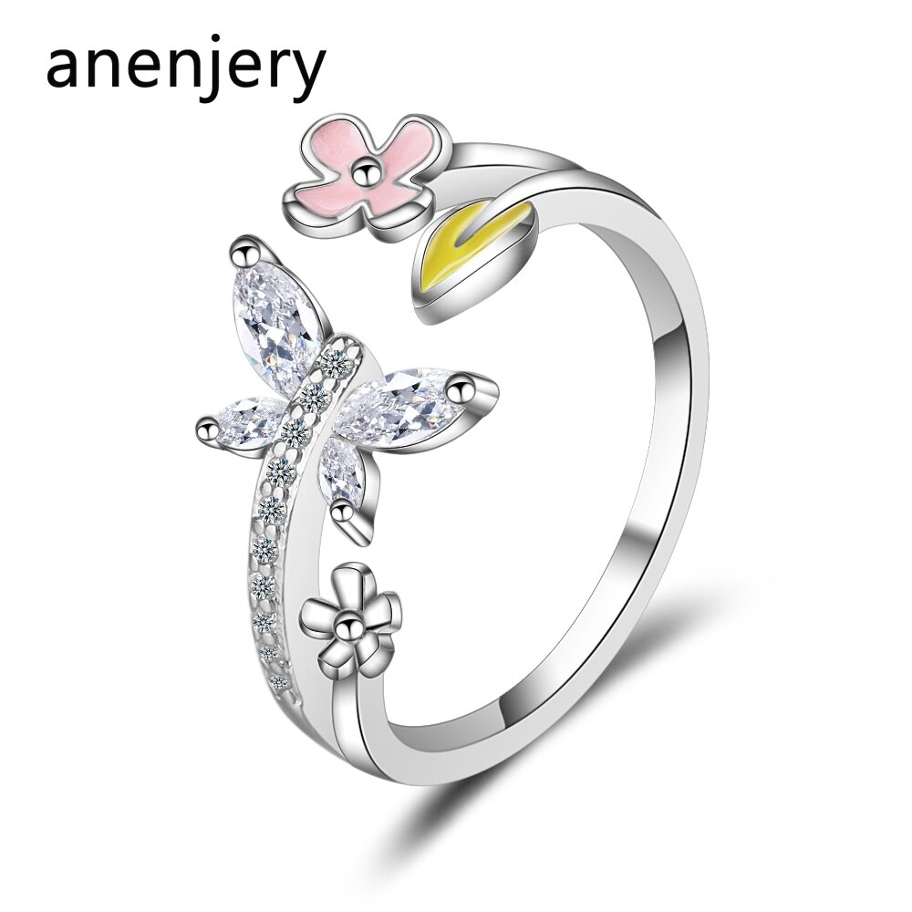 Anenjery Süße AAAAA Zirkon Schmetterling Liebe Blume Silber Farbe Ringe Für Frauen 17mm Einstellbar Bague S-R386