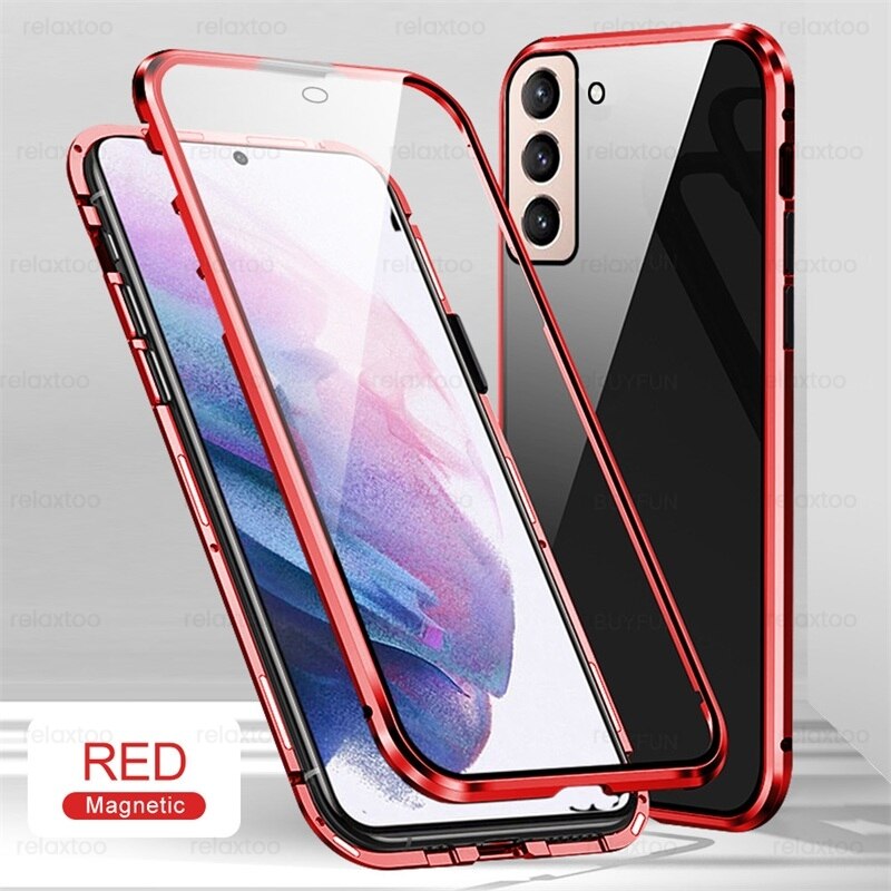 Samung S22 Ultra 360 ° dwustronne szkło hartowane Matel zderzak pełna osłona ochronna do Samsung Galaxy S22 Ultra Magnet Flip Coque: S22 / red-03