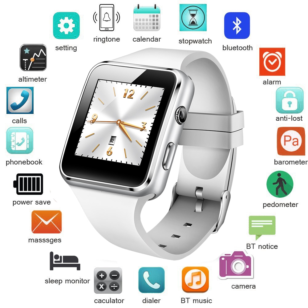 nouvelles femmes hommes montre intelligente avec caméra LED couleur écran tactile soutien SIM TF carte Bluetooth montre intelligente Sport podomètre + boîte