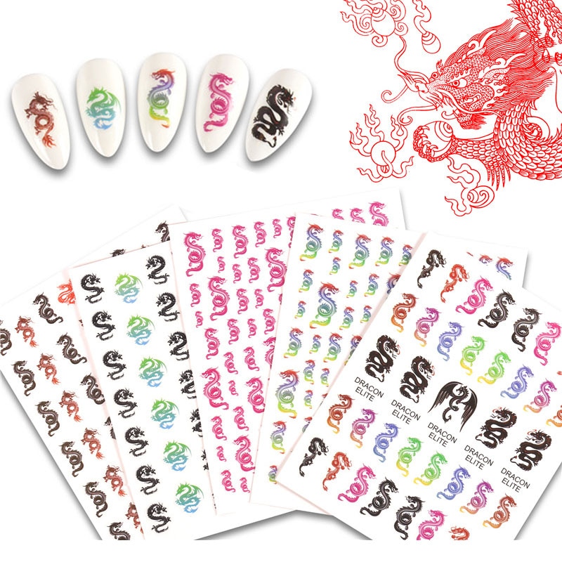 3d nagelkunststickers, rode en zwarte draken, kleurrijke zelfklevende stickers, nagelkunstdecoratie