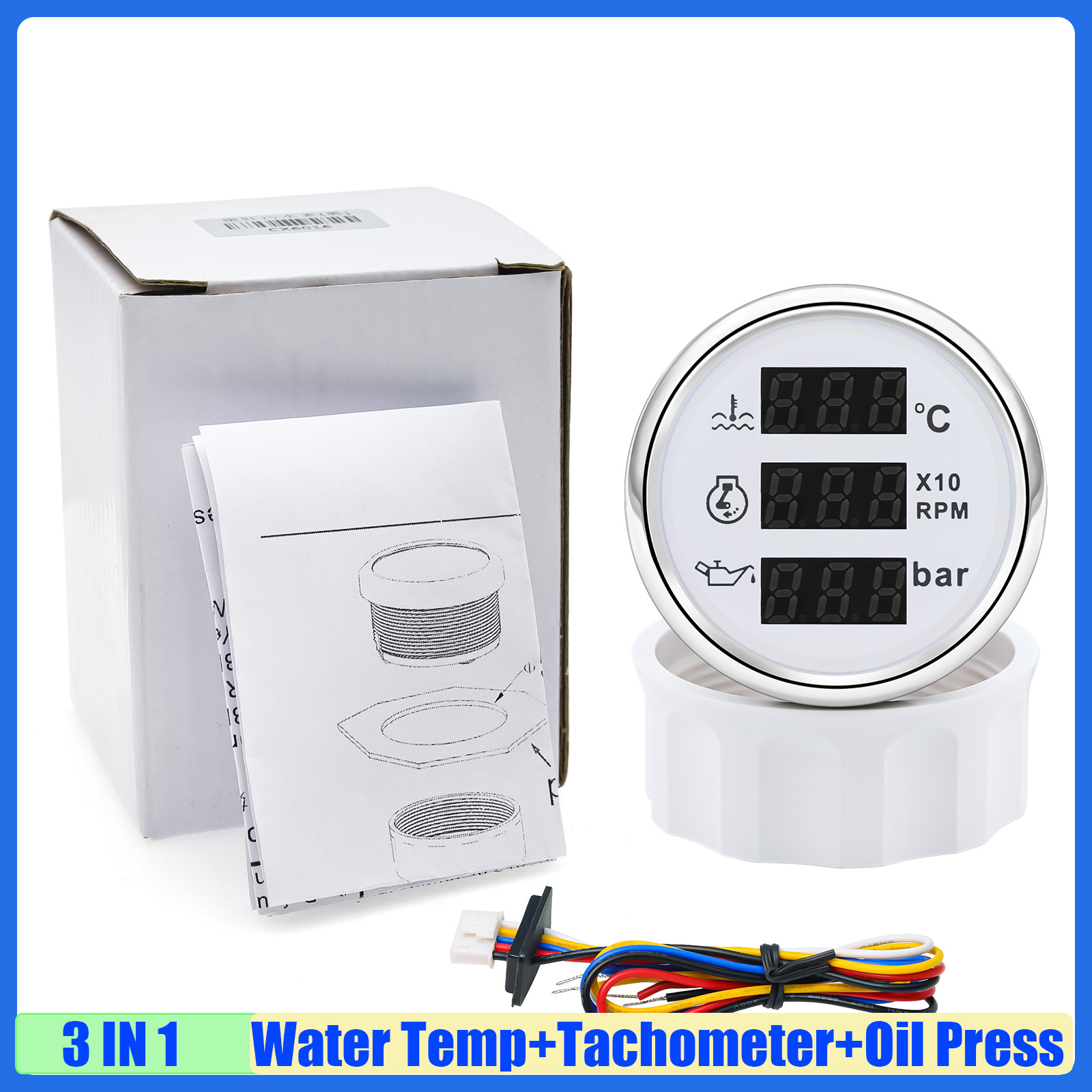Digital 3 in 1 52mm -vägs vattentemperaturmätare + varvräknare + oljetrycksmätare med larm, rött ljus för bil och båt 12v 24v anpassad: Lavendel-