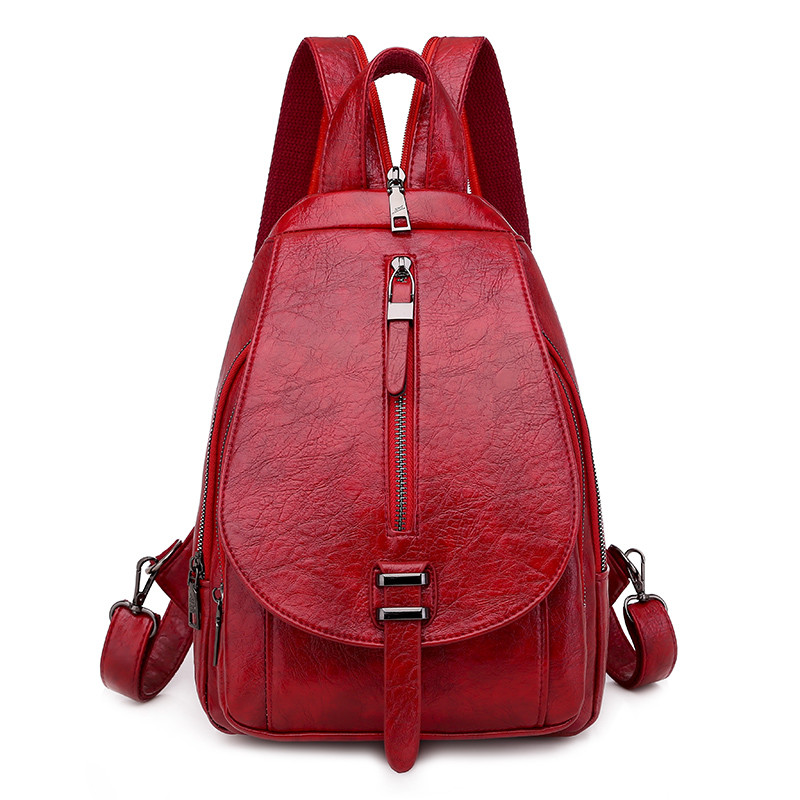 Vintage Women Backpack for Ladies Travel Back Bag Chest Shoulder Bag Good Oil Wax PU Leather Female Backbag Mochila: Red-2