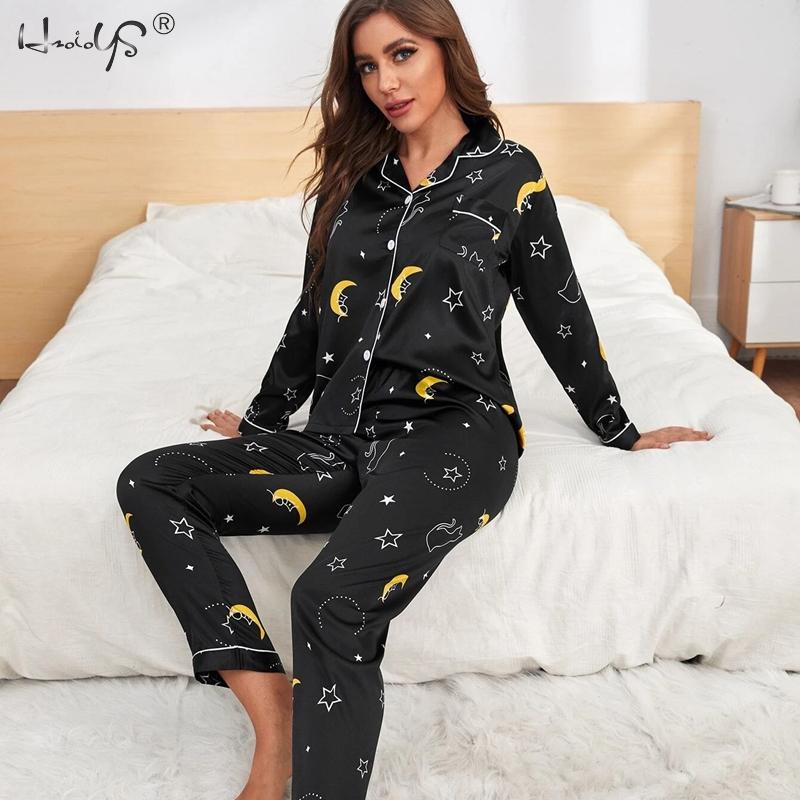 Plus Size Pj Sets Women Silk Satin Pajamas Pyjamas Set Sleepwear Long Sleeve Pyjamas Cute Top and Long Pants Pijama Sleepwear