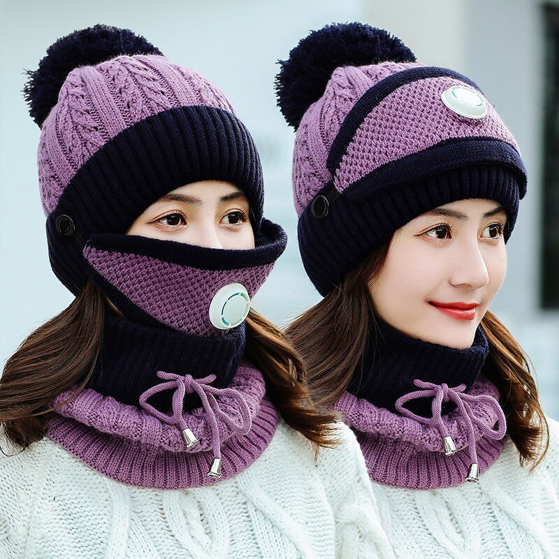 Vindtät mössa mössor dam varma stickade mössor scarf set dam vinter vadderad mask halsskydd 3 pc set cykling ullkepsar: Set violett