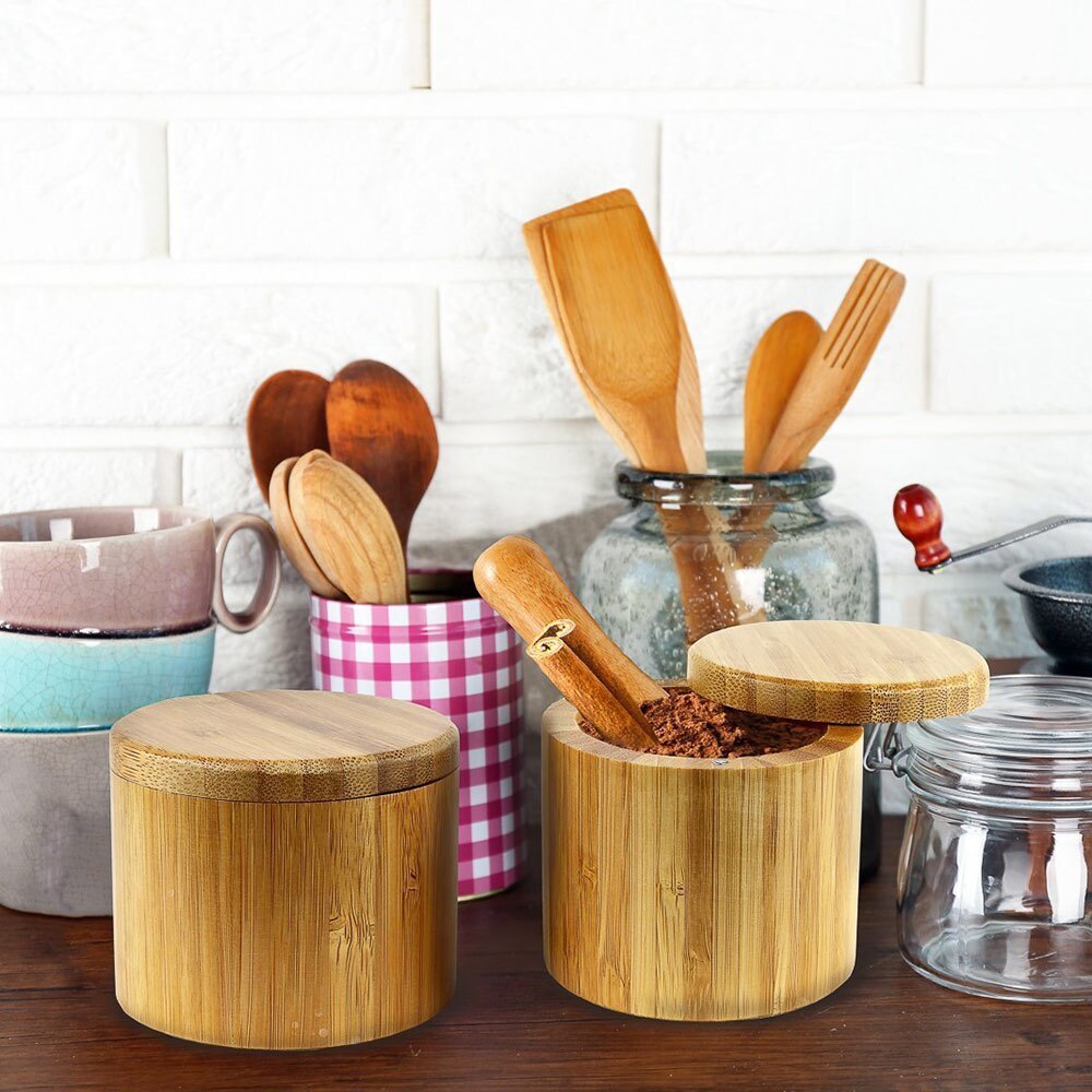 100% Bamboo Salt Box, Natural Bamboo Container With Magnetic Lid + Secure Durable Storage & Organization For Kitchen