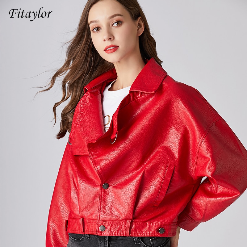 Fitaylor Women Wine Red Faux Leather Jackets Lady Pu Leather Jacket Bomber Motorcycle Biker Pink Black Outerwear With Belt main image 0