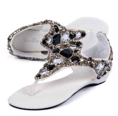Kendt mærke store rhinestone sandalia feminina sort/hvid lædersandaler kvinder sølvperler krystal sandaler sommersko  c198: Hvid / 9
