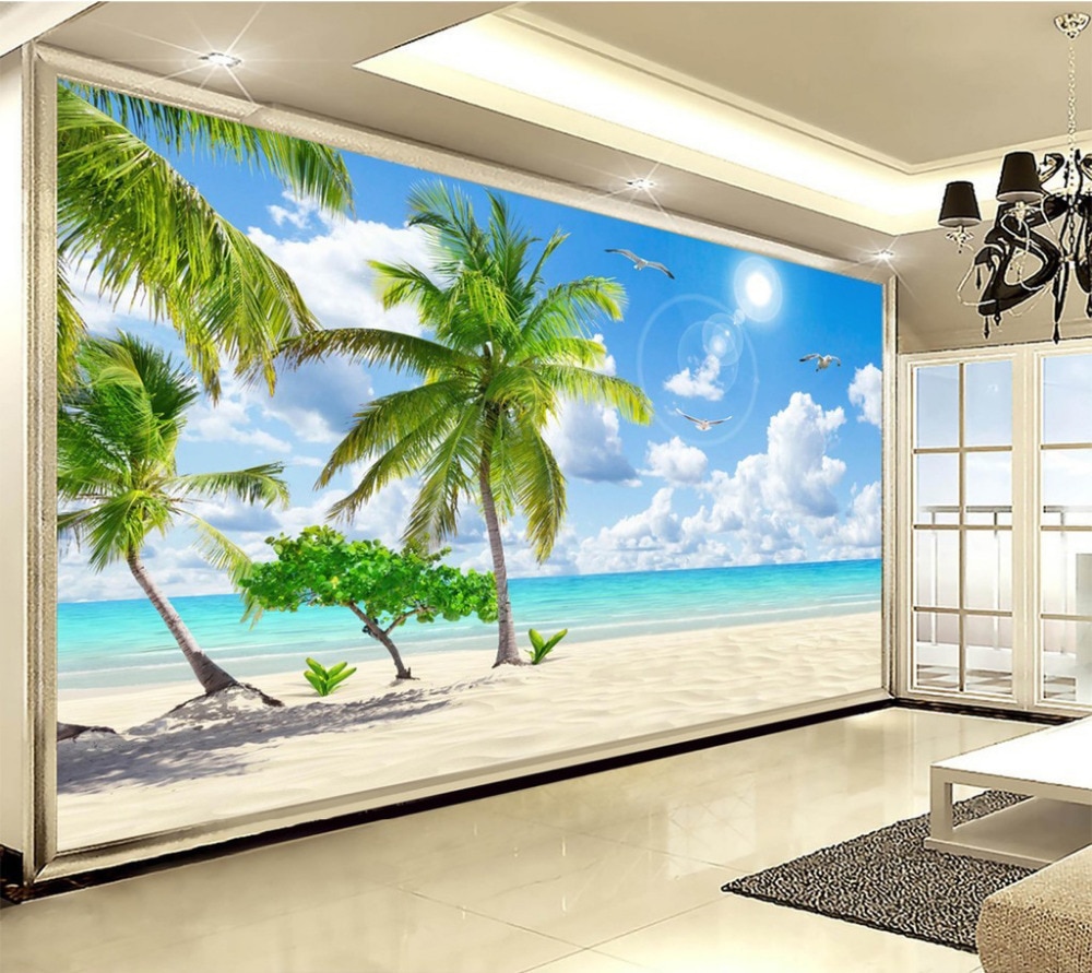 Waterproof Self-adhesive Wall Stickers Backdrop Wall Mural Hotel Living Room Wallpaper Decal Coconut Palm Beach