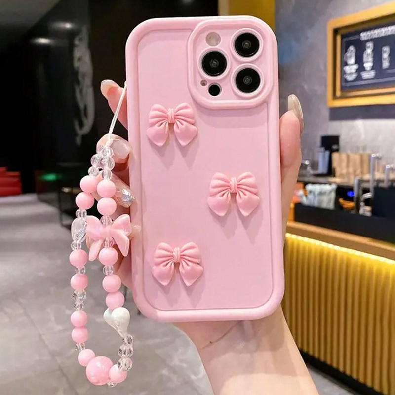 Bonita funda de teléfono de silicona con lazo 3D para iPhone 11 12 13 14 15 16 Pro Max 16E X XS XR 7 8 Plus, cubierta de cuerda colgante con cordón de lazo