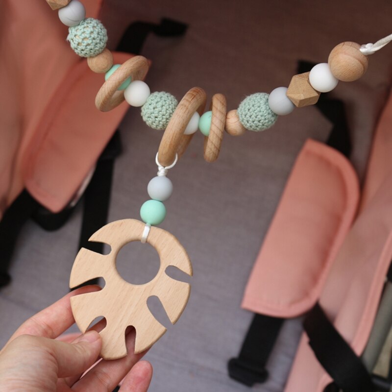 Pram Chain with Clips Nature Wooden Pram String Clips Mobile Pram Rattle Stroller Toys Neborn Toys