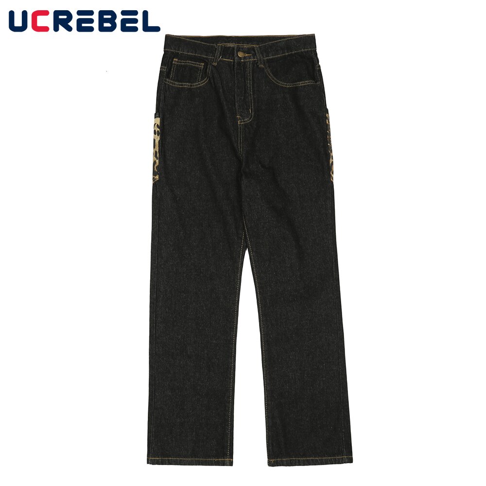 Pantalones vaqueros con estampado de leopardo para hombre, Jeans con paneles de contraste, ropa de calle, pantalones sueltos de pierna recta