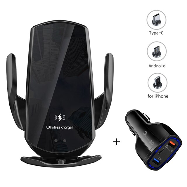 Automatic 15W Qi Car Wireless Charger for iPhone 12 11 XS XR X 8 Samsung S21 S20 Magnetic USB Infrared Sensor Phone Holder Mount: Black Set