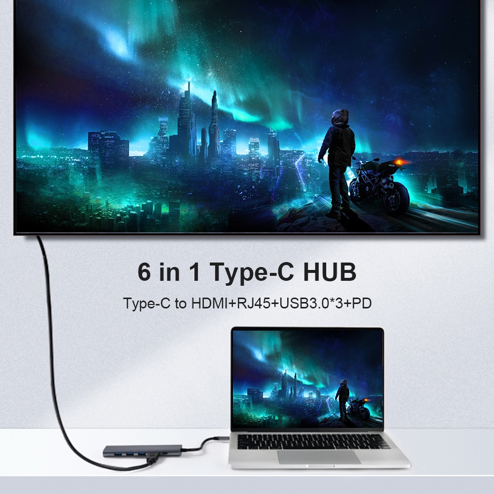 6 in 1 Docking Station Notebook Smartphone Expansion Converter USB Type C to 4K HDMI-compatible RJ45 100M LAN Ethernet Hub