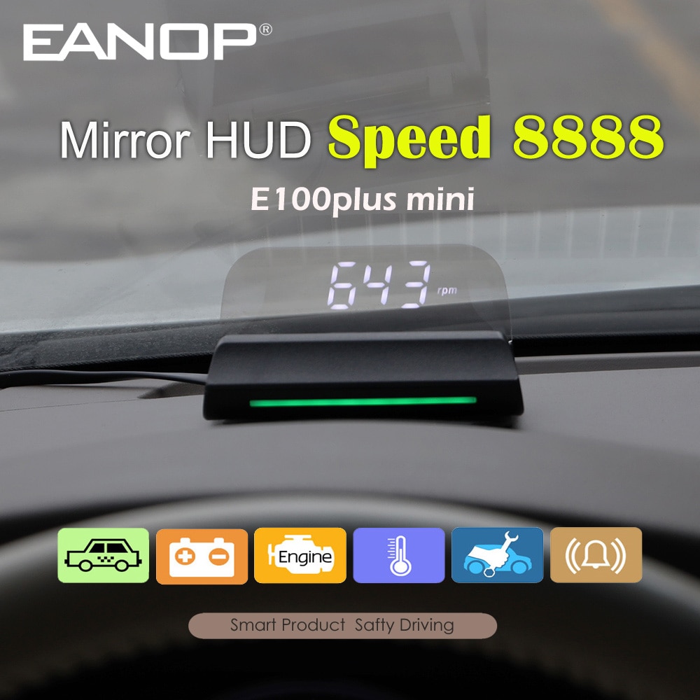Mini OBD2 HUD Head up Display Speed RPM Voltage Projection with LED Strim Light Max Speed 8888 EANOP E100plus mini