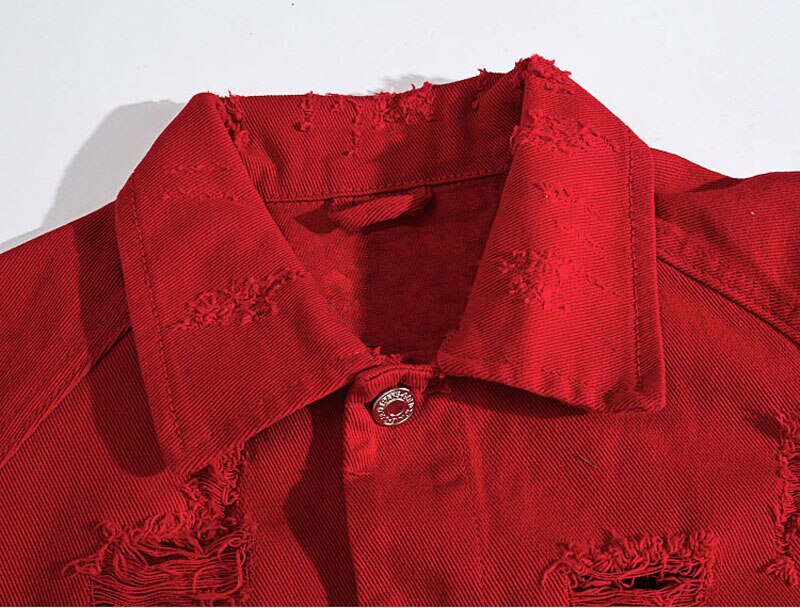Veste en jean déchiré à revers pour homme, style décontracté, rouge, à la