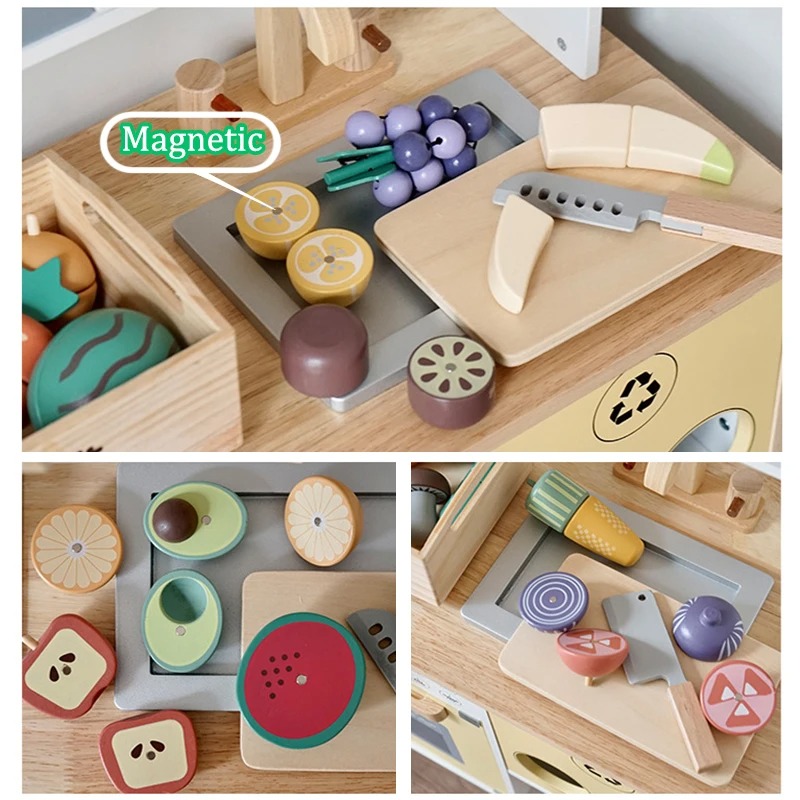 Juego de cortar juguetes de comida, juguetes de cocina para niños, juego de accesorios de comida de madera, comida de imitación, fruta, verdura, juguetes educativos cognitivos