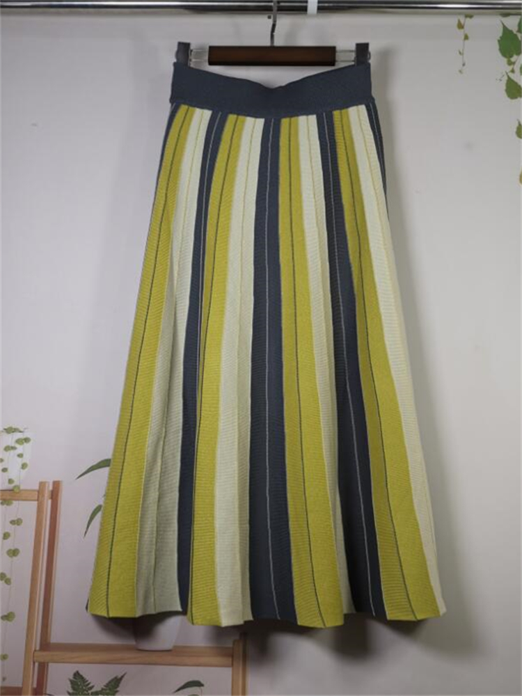 Höst vinter stickad kjol hög midja lång pennkjol kvinnor stickad avslappnad vintage maxikjol vintage varm tjock midi randig: Brun