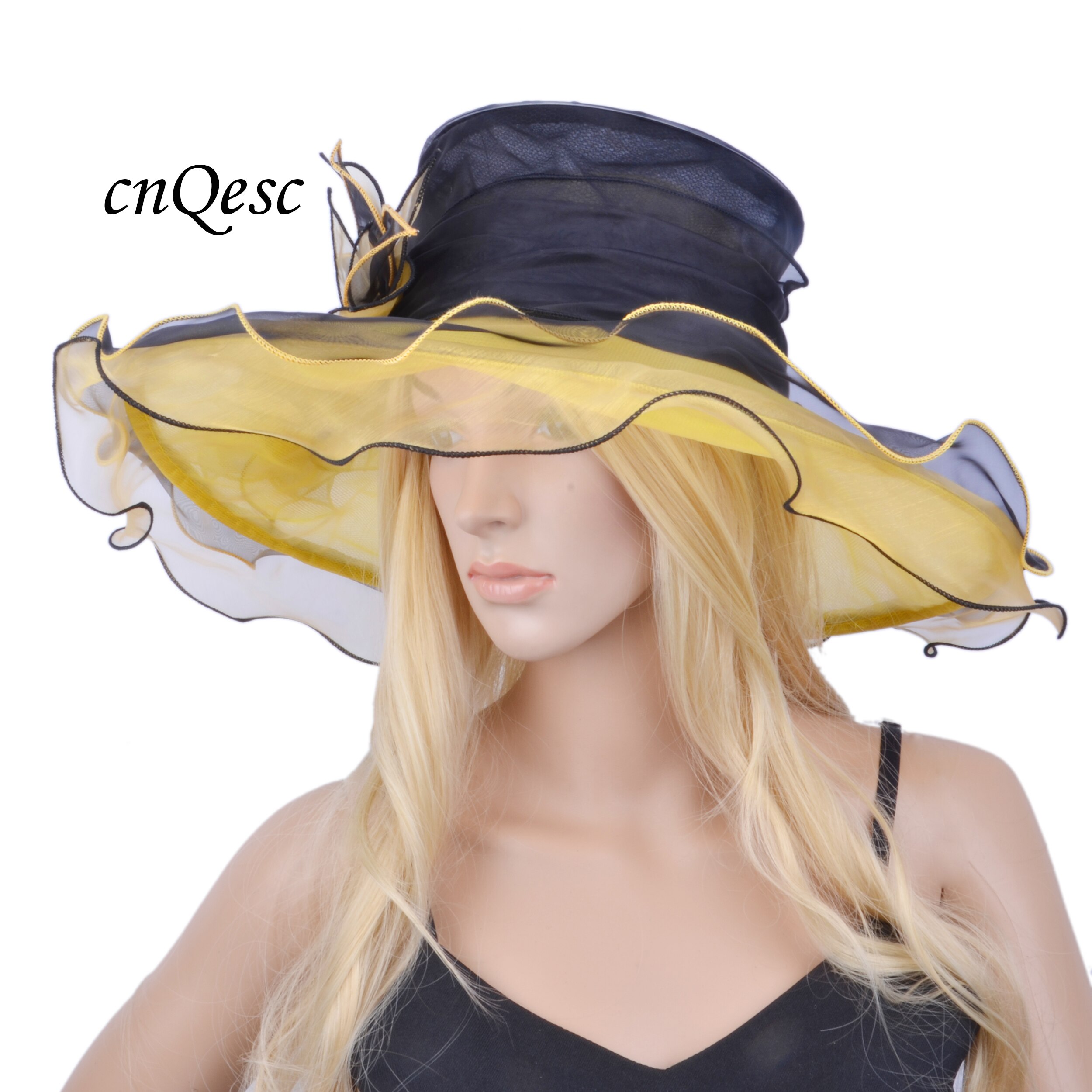 Yellow black big organza hat with leaves flowers for Church Kentucky derby.