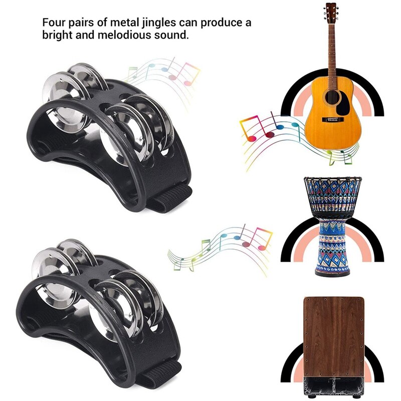 Pandereta de pie, campanas de instrumentos musicales de percusión con 4 campanas de Jingle de Metal de París y correa ajustable, color negro, 2 uds.