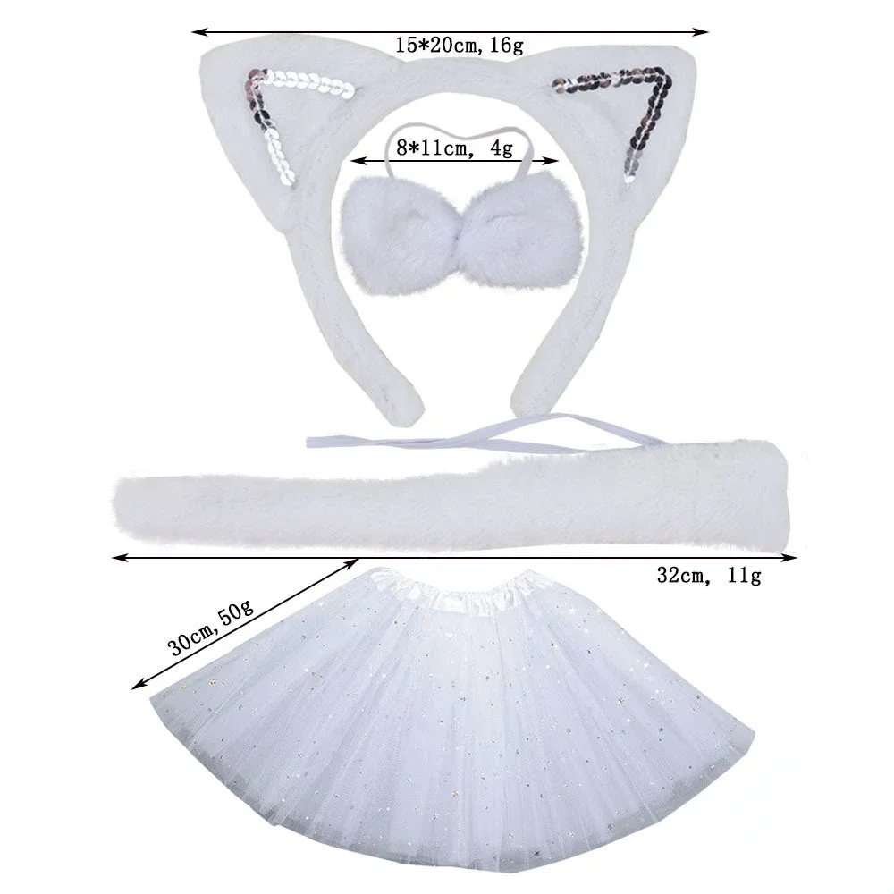 Diadema con orejas de gato con lentejuelas, falda tutú, pajarita, cola, conjunto de disfraz de Cosplay para Festival de Halloween, accesorio de uso diario: Oro