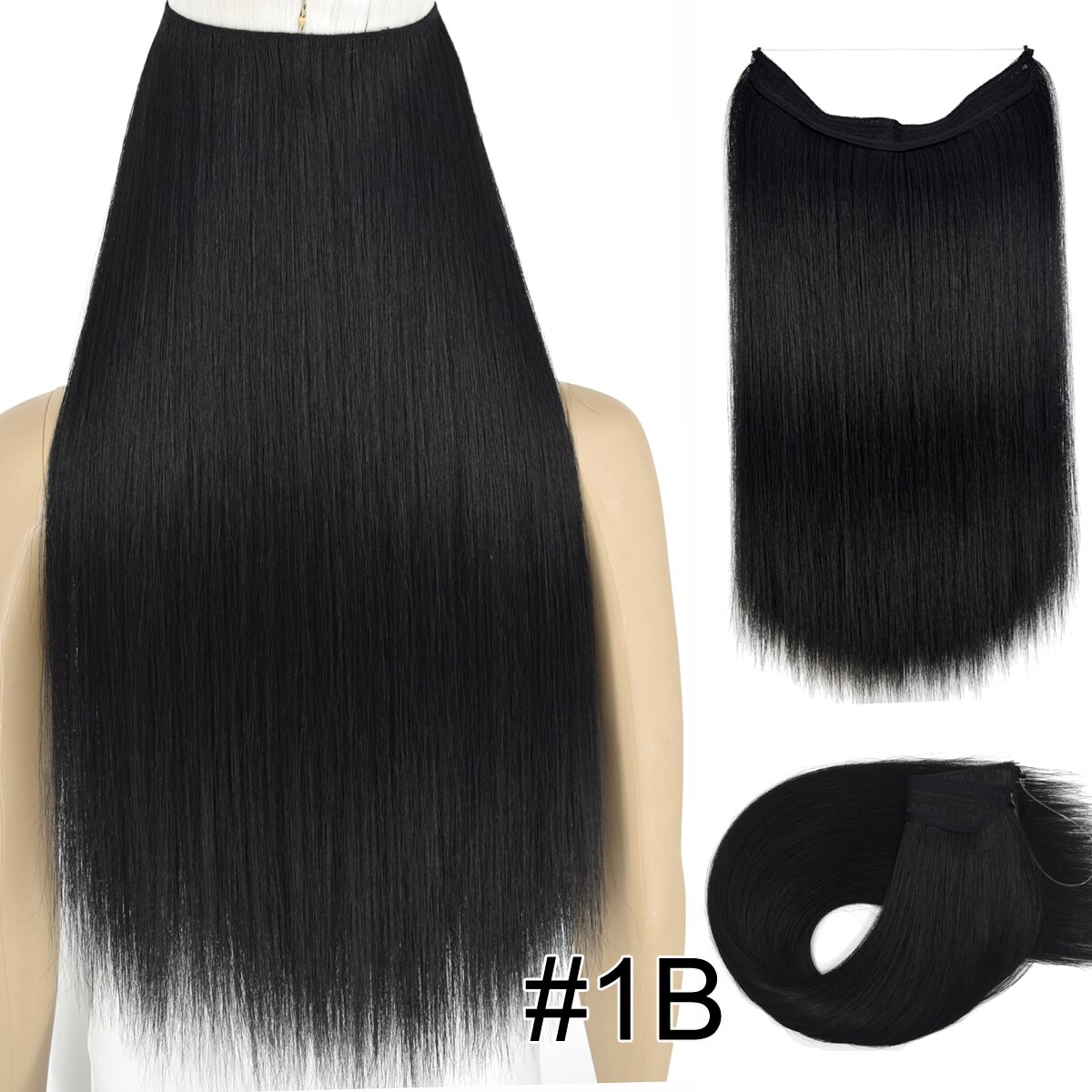 Topreety Halo Hair Extensions Onzichtbare Elastische Draad Verborgen Haarstukken Geen Clip Hittebestendige Synthetische Vezel TPYLS90: 1B