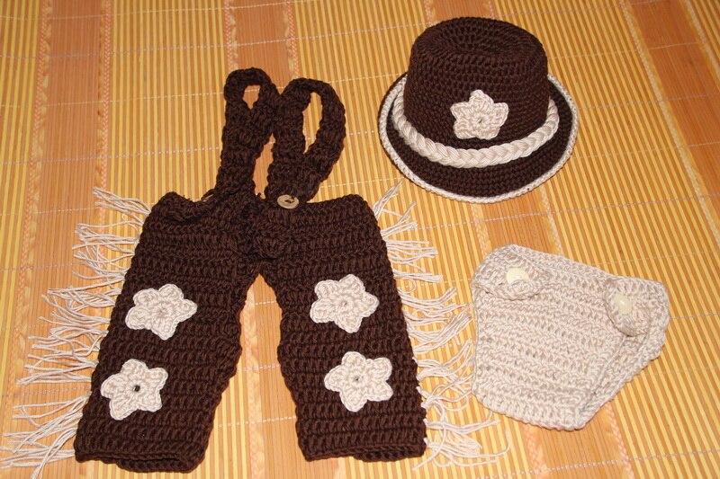Frete grátis, chapéu de vaqueiro do bebê de crochê, chapéu de estilo cowboy recém-nascido, calças, conjuntos de capas de fraldas, foto recém-nascido prop tamanho: 0-1m,3-4m