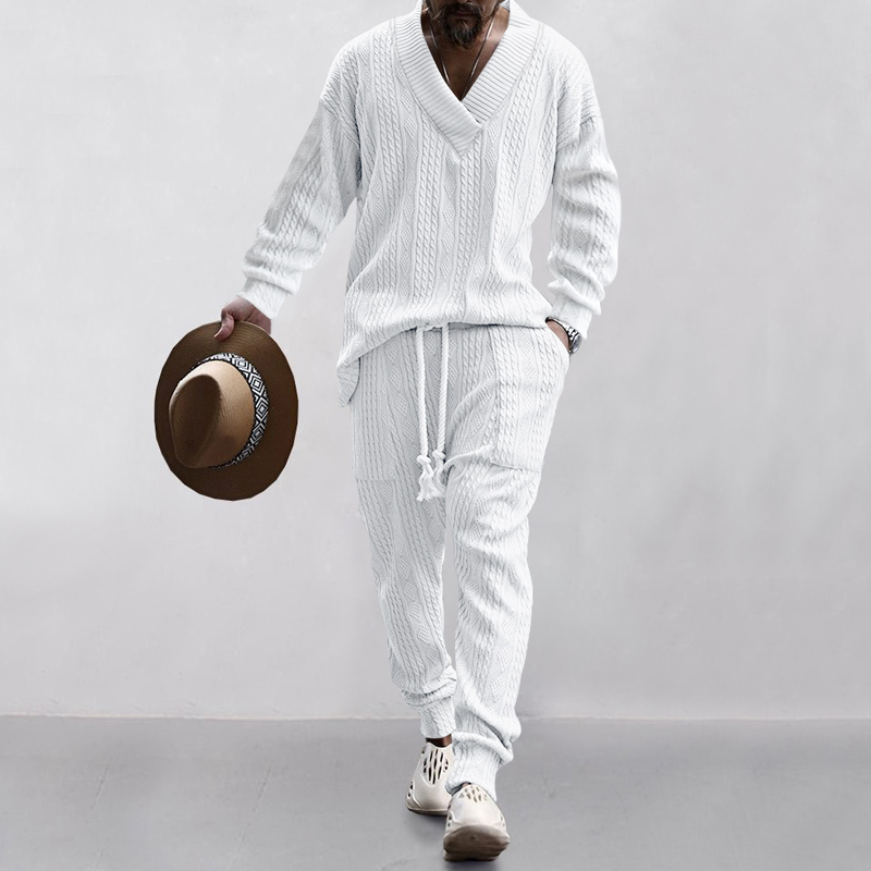 Conjunto de camisa y pantalón con cuello en V para hombre, traje de Jacquard de , estilo europeo y estadounidense, primavera y otoño, novedad: XXL / Blanco