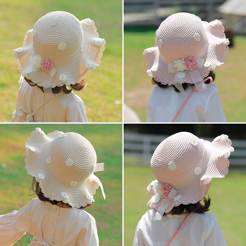Zomer Meisje Strooien Hoed Tas Set Zon Cap Outdoor Kids Ademend Strand Hoeden Chrysant Zoete Prinses Seaside Panama Hoed