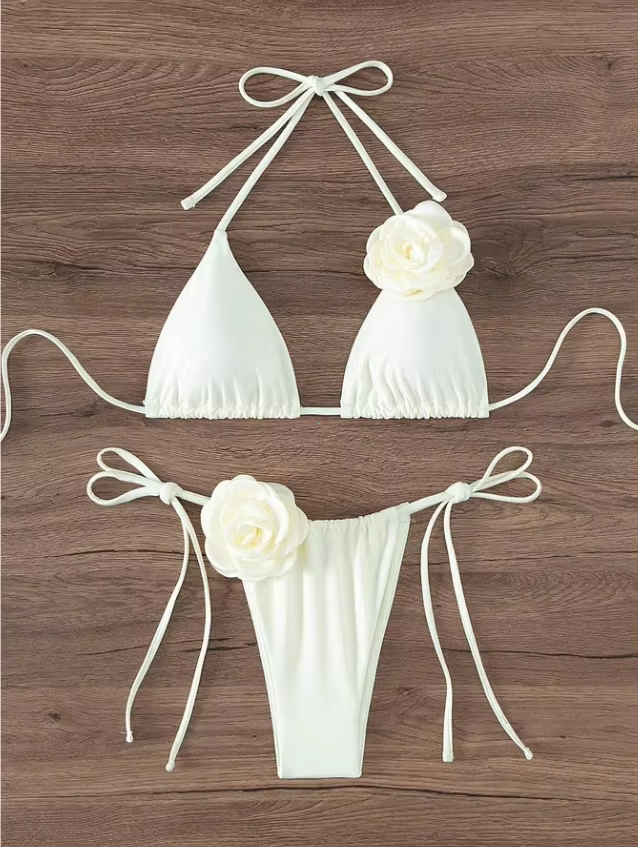 S - L Sexy 3D flores Halter Bikini con tiras mujeres traje de baño traje de baño femenino conjunto de Bikini de dos piezas bañista traje de baño nadar: M / Azul