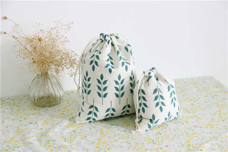 Soft Cotton Linen Drawstring Bag Literary Wheat Ear Print Leaves Women Home Storage Small Coin Purse Travel Portable Phone Pouch