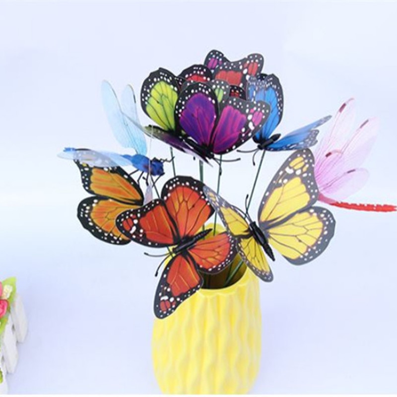 24PCS Kunstmatige Vlinder Dragonfly Simulatie Dier Stakes Tuin Yard Plant Gazon Decoratie Nep Vlinders Willekeurige Kleur