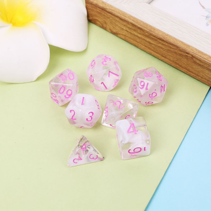 7 stuks/set speldobbelstenen transparante dobbelstenen multi-side desktop games party play polyhedral zwart/roze