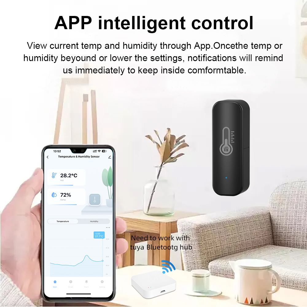 Bluetooth Temperature and Humidity Sensor Indoor Humidity Sensor Battery Powered Tuya APP Monitoring with A String