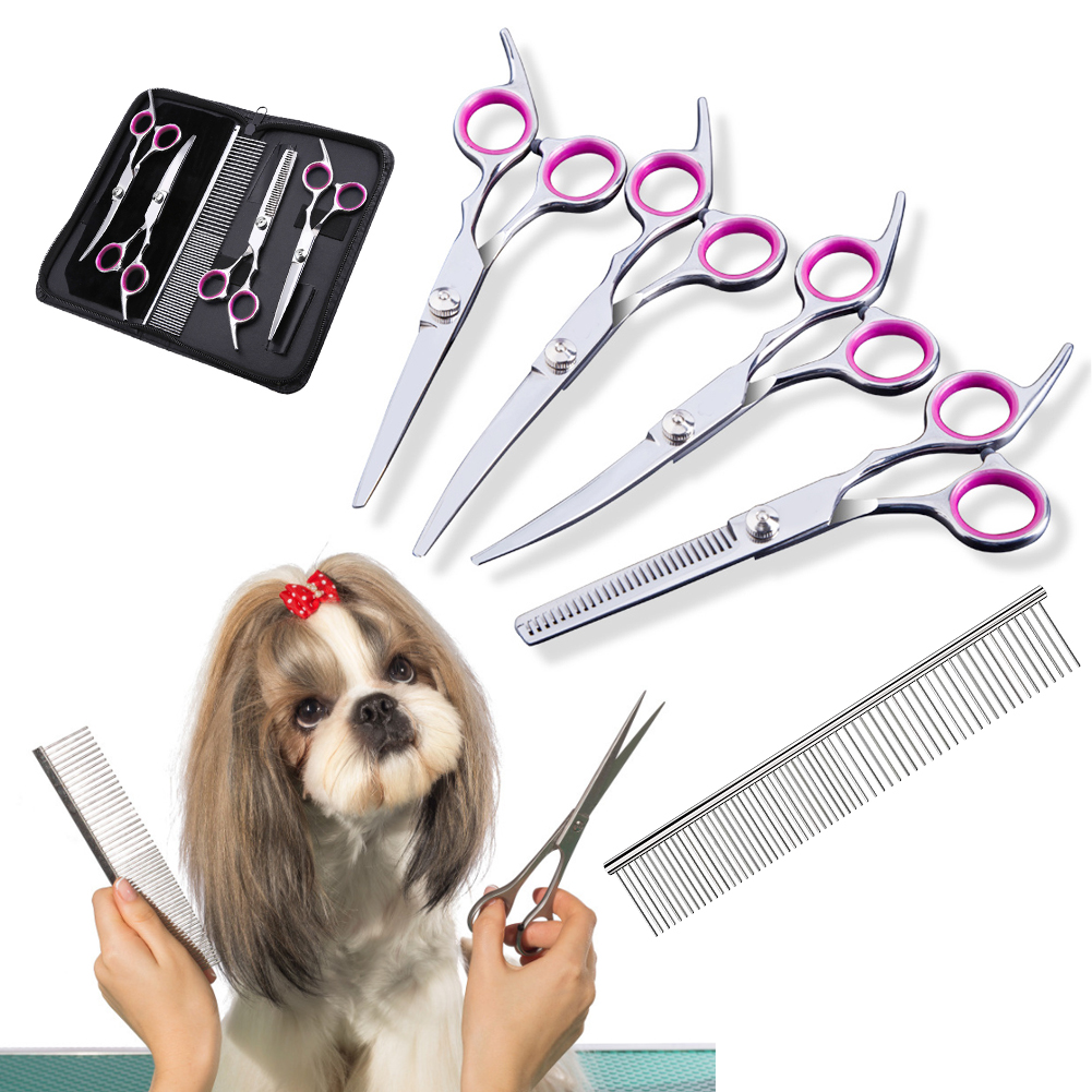 Pet Dog Grooming Scissors Kit Pet Trimmer Straight Curved Shears Comb Leather Bag Scissors Kit Sharp Security Easy To Carry