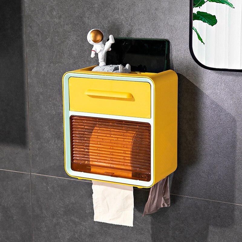 Multifunctional Tissue Storage Box Punch-free Waterproof Toilet Roll Paper Rack Wall-mounted Toilet Paper Drawer Box: Orange L