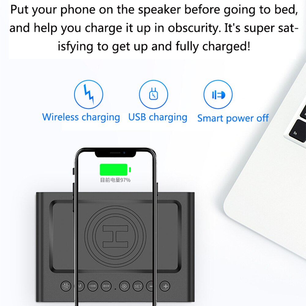 Alarm Clock Digital Bluetooth Speaker FM Radio With Clock With USB Charger &amp; Wireless QI Charging 3 Level Digital Desktop Clock