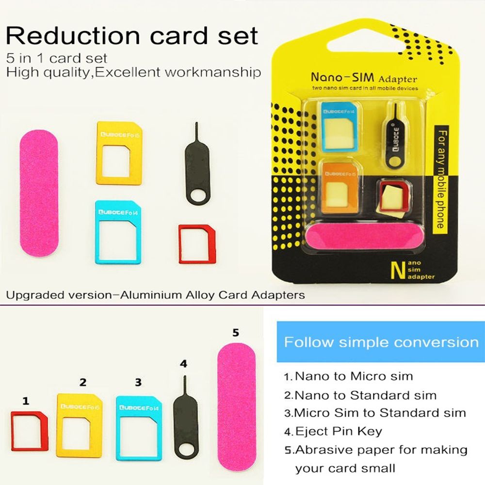 5 in 1 Nano Sim Card Adapters + Regular & Micro Sim + Standard SIM Card & Tools For iPhone 4 4S 5 5c 5s 6 6s Retail Box