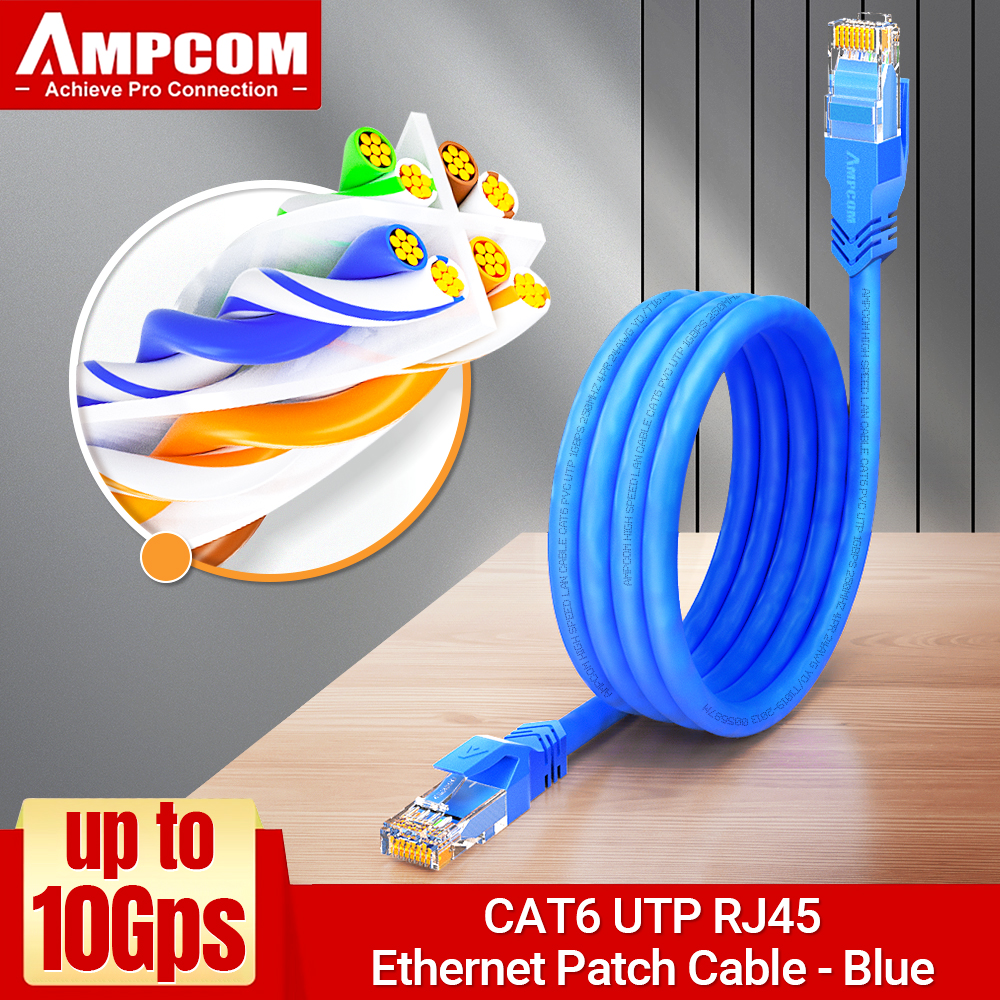 Kabel Ethernet AMPCOM RJ45, kabel Cat6 Lan (24AWG) UTP CAT 6 RJ 45 Kabel sieciowy Patch Cord do komputerów stacjonarnych Modem Router: BŁĘKITNA / 1m