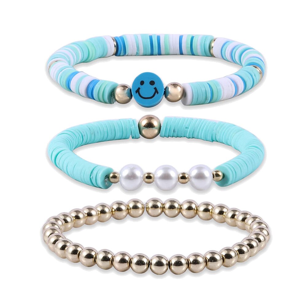 Boho Kleurrijke Polymeer Klei Smiley Gezicht Vriendschap Armband 3 Stks/set Ronde Kralen Multilayer Wrap Armband Vrouwen Polsband