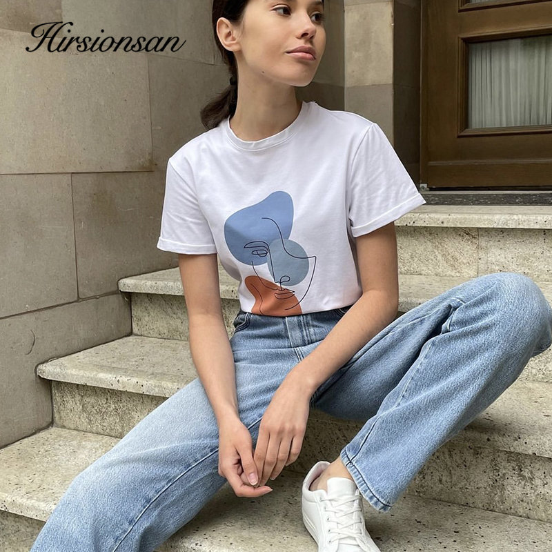 Hirsionsan abstrakt print t-shirt til kvinder sommer oversized 100%  bomuld t-shirts afslappet løs æstetisk t-shirt o-hals toppe