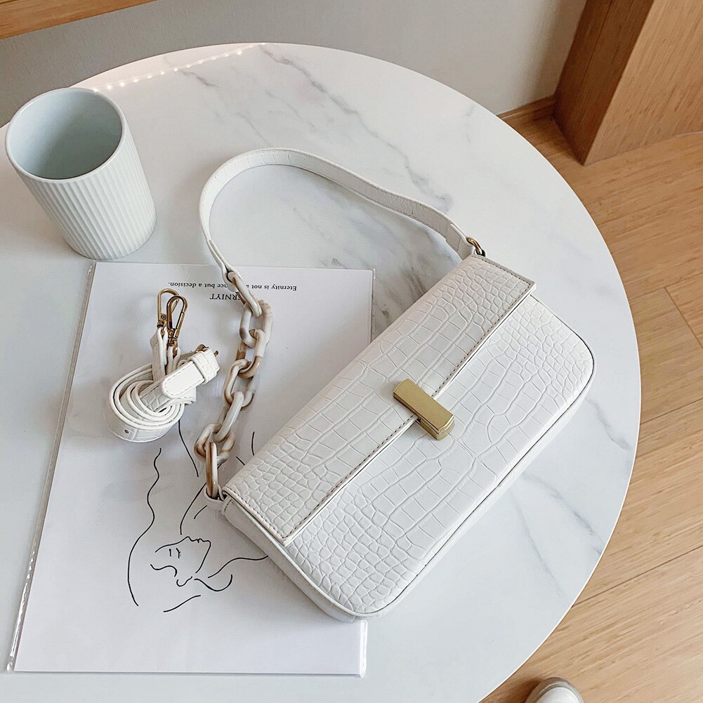Retro schoudertassen voor dames, schoudertassen met ketting, handtassen, effen kleur, dames, leren tassen met ketting: Type wit