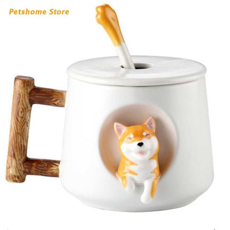 Taza de cerámica con dibujos de animales Shiba Inu para hombre y mujer, creativa, pareja con tapa, cuchara para beber, taza de agua café: White