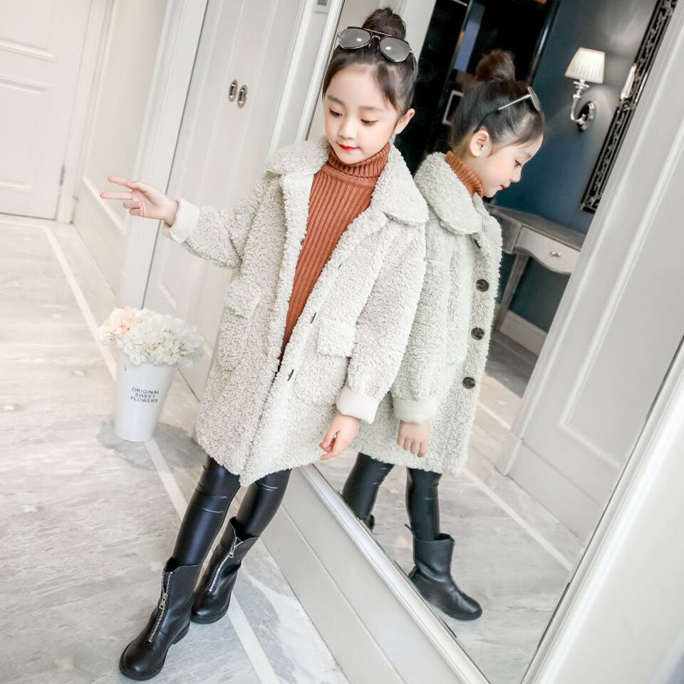 Babymeisjesjas met omslagkraag, 2 kleuren, wollen jas, winterjas voor kinderen, lentejas, herfstjas voor peuters en meisjes, bovenkleding: Beige / 12