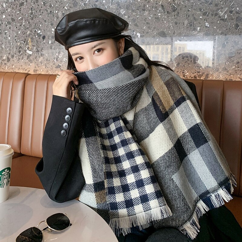 Nova chegada da moda outono inverno xadrez cachecol feminino quente de alta qualidade elegante bonito duplo lado fresco adorável vintage borla xale