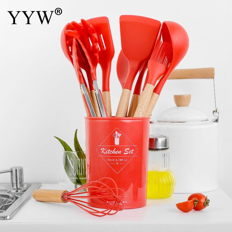 Silicone Kitchen Cooking Utensil Sets 12pcs Wooden Handle Red Kitchen Utensils Tools Non-Stick Spatula Shovel Cooking Tools Set