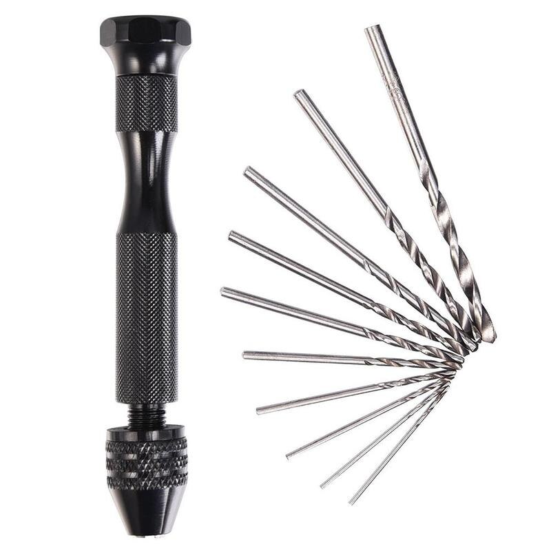 Mini Micro taladro manual de aluminio, mandril sin llave y 10 uds, brocas, herramientas rotativas helicoidales H4D8: Default Title