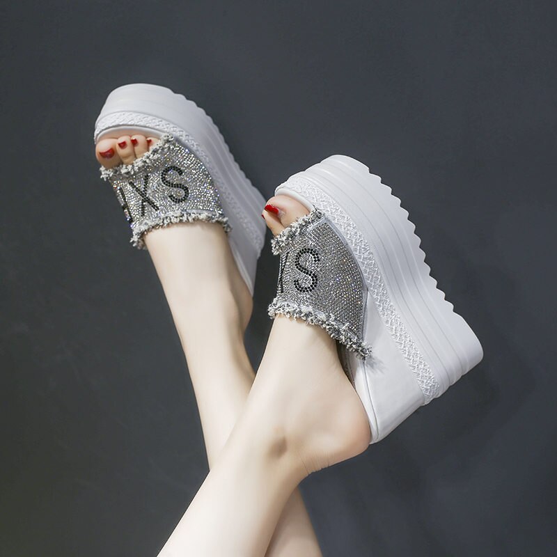 Strass Transparent pantoufles femmes grosses pantoufles plate-forme chaussures dames pantoufles chaussures femme été sandales plage pantoufle